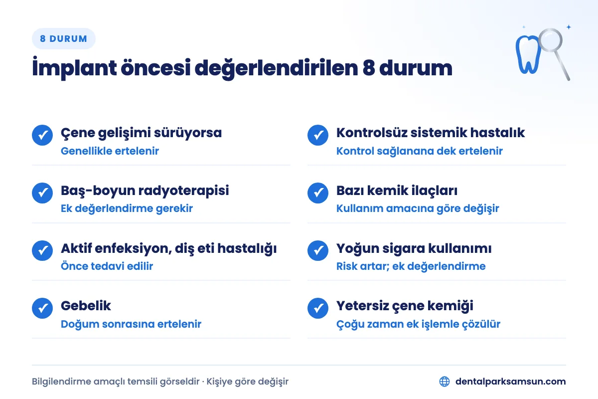 İmplant kimlere yapılmaz: 8 durum (çene gelişimi, sistemik hastalık, radyoterapi, ilaç, enfeksiyon, sigara, gebelik, kemik)