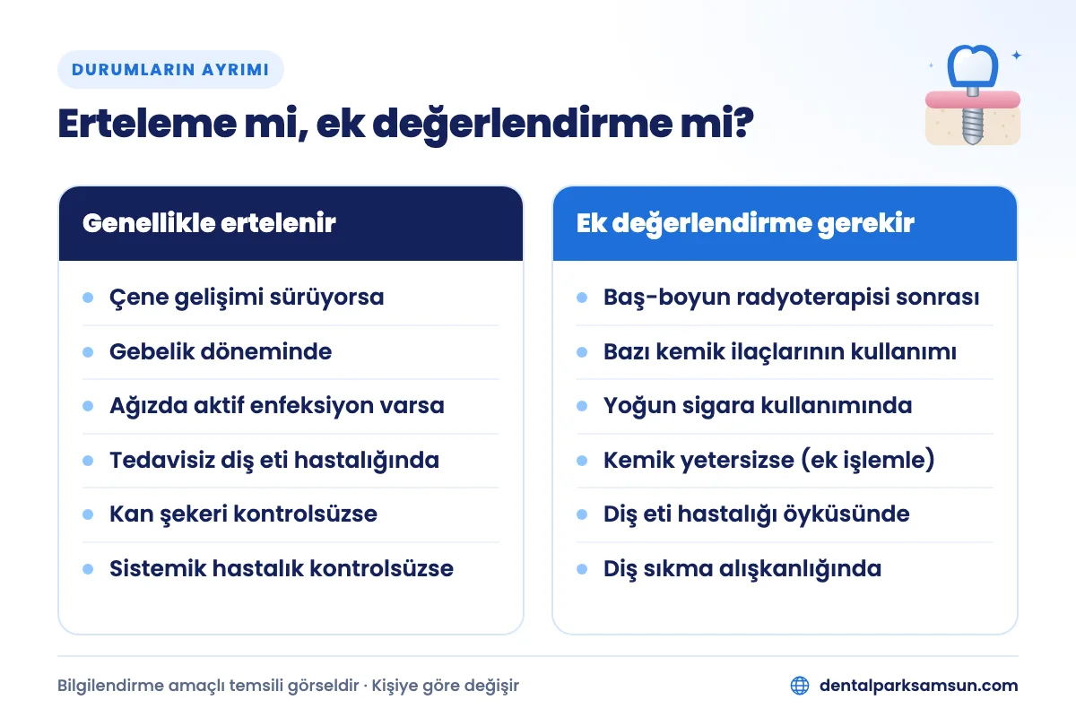 İmplant kimlere yapılmaz değerlendirmesinde erteleme ve ek değerlendirme gerektiren durumlar